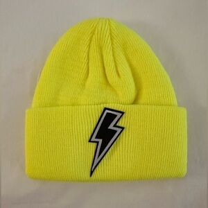 Kids Yellow Knit Winter Hat w/ Lightening Bolt Patch.